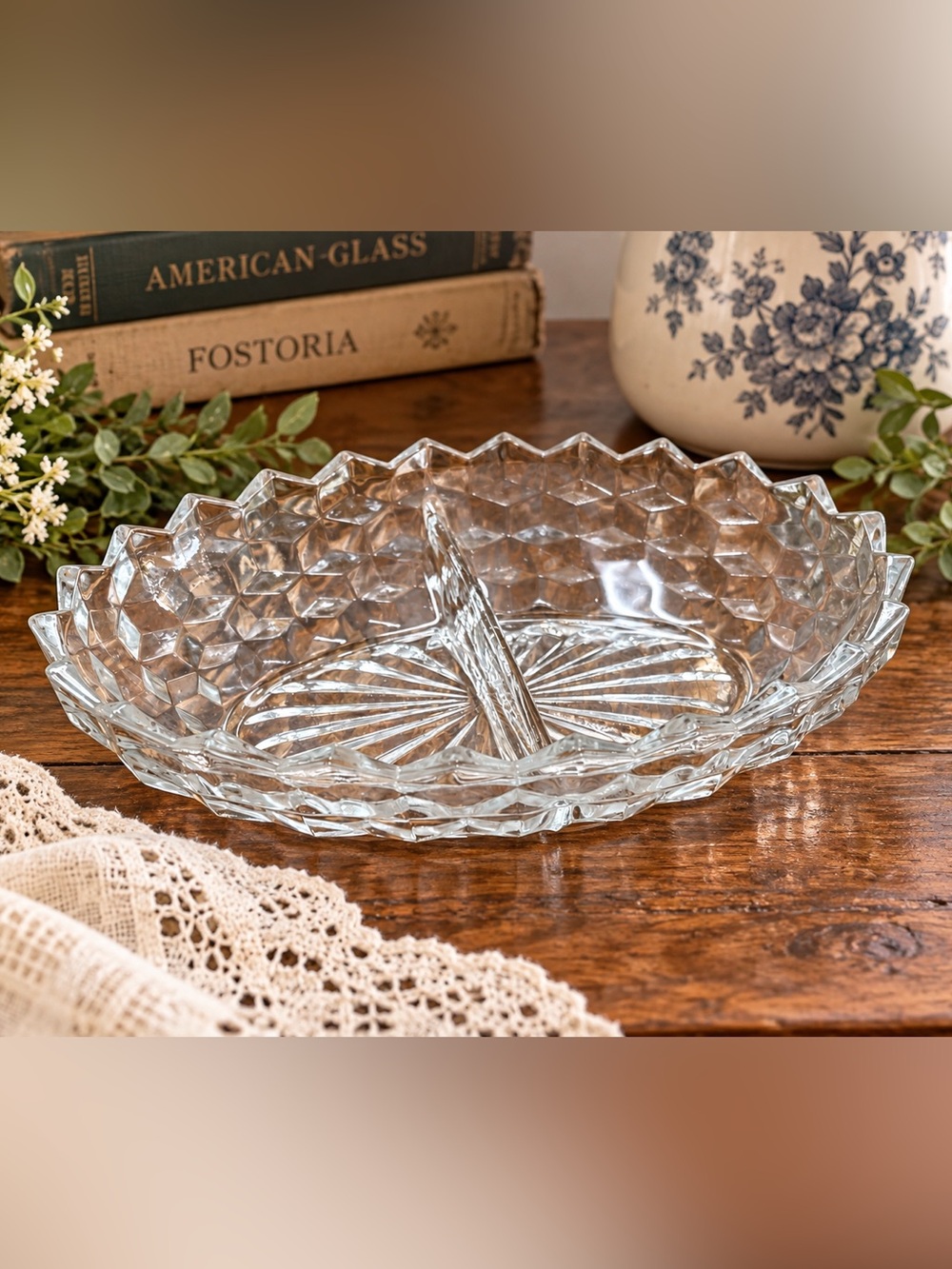 Fostoria American Clear Glass 2-Part Divided Relish Dish Vintage Glass 10”X7”